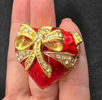 Red Enamel Heart Hinged Trinket Box Bejeweled Gold Tone