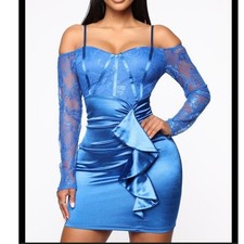 Fashion Nova Blue Satin & Lace Mini Dress SIZE SMALL
