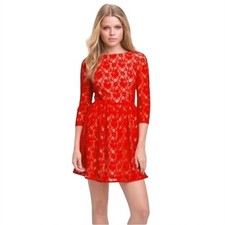 French Connection Red Lace Fit Flare Dress 3/4 Sleeve Boat Neck Evening Party