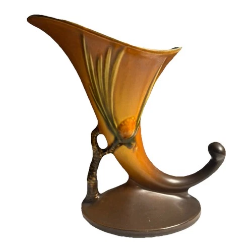 Roseville Pottery Pinecone Cornucopia Vase – Shape 120-8" – Brown/Blue Glaze – V