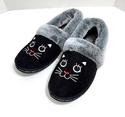 Skechers Bobs Slippers Womens US 9 Too Cozy Meow Black Cat Faux Fur Memory Foam