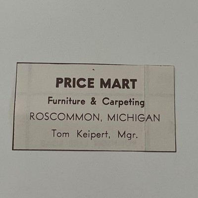 Price Mart Furniture & Carpeting Tom Keipert Roscommon MI 1960s MI Ad SAJ9-S68
