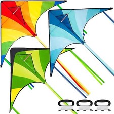 3 Packs Large Delta Kite Green Blue and Rainbow Easy to Fly for Kids with 262.5f