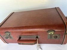Vintage Hard Suitcase Leather Brown  18” x 12” x 6.5” Brass Accents working keys