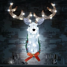 Hourleey Lighted Christmas Wall Decoration Reindeer Head, 32" 3D White 