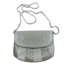 Vintage 1980 s beaded evening bag wedding brides purse white satin silver gold
