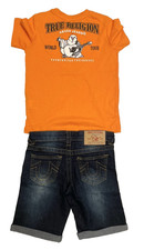 NWT 69 Boys True Religion Jean Shorts  Shirt Small S 6 7 Orange Blue Denim