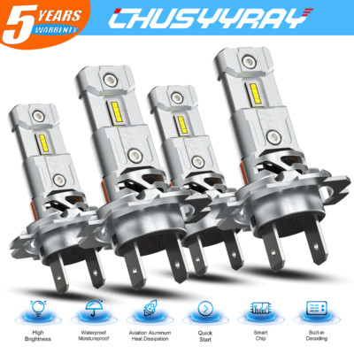 4Pcs H7 LED Headlight Combo Bulbs Kit High + Low Beam 6500K Super White Bright