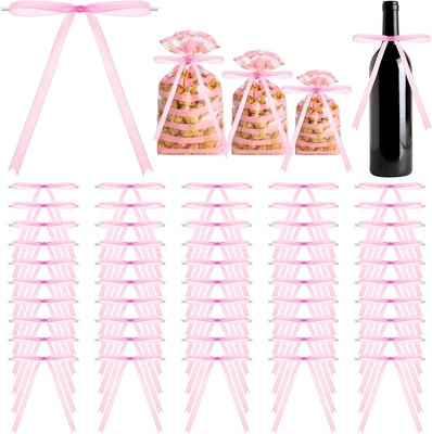 50 Pcs Pink Twist Tie Bows 7X5 Inch Large Satin Ribbon Bows for Gift Wrapping Pi