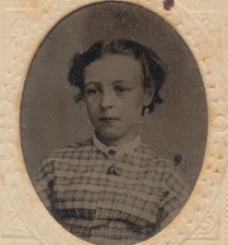 TINTYPE OF YOUNG GIRL IN EARRINGS   CHECKERED DRESS