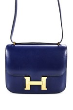 Hermes Constance Handbag Blue Gold Tone Box Calf Leather Four Pocket One Strap