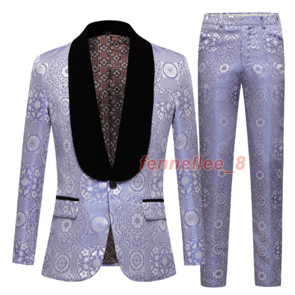 Men's Slim Fit Jacquard Blazer with Shawl Collar - One Button Formal Suit Jacket-image