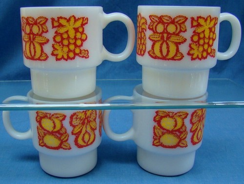 Set of 4 Vintage Milk Glass Stackable Mugs w Fruit Pattern Red/Yellow ~ 8 oz - Picture 3 of 5