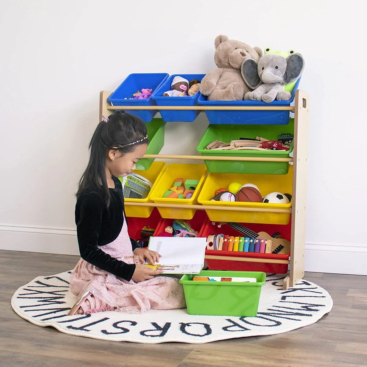 Kids Toy Storage Organizer Wood Box Shelf Rack 12 Plastic Bins Playroom  Bedroom