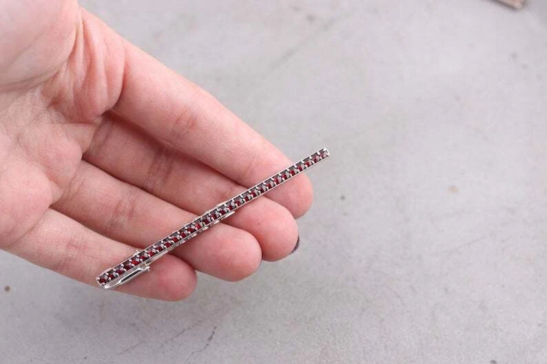 Vintage Round Cut Garnet Fantastic Men's Tie Clip In Solid 935 Argentium Silver - Image 4 of 4