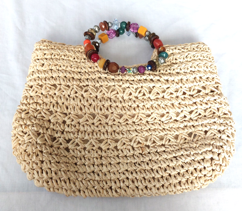 Cappelli Straworld Stroh Handtasche Handtasche mit Perlen Ring Griffe 2012 11" x 15"