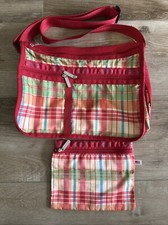 Vintage Lesportsac Plaid Set Handbag & Pouch Bright Plaid Made in USA - Defects