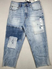 Light Wash Jeans Relaxed Crop Patchwork Distressed Pants Mens