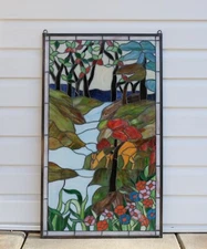 Tiffany Style Stained Glass Window Panel deer drinking water, 20.25" x 34.25"