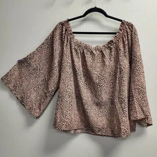 Cozy Co. Blouse Womens 1X Black Beige Animal Print Flowy Bell Sleeve Top 1X