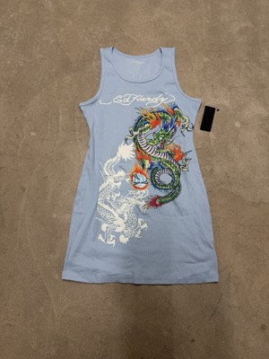 Ed Hardy Y2K Tattoo Graphic Rib Tank Dress Size XL Blue Dragon Grunge