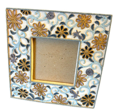 Artisan Handcrafted Square Photo Frame Stylized Florals Vines Detail Thread Work