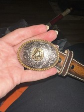 Boys Black/Brown Leather Belt  horse head, horseshoe Buckle, Size S 20-22