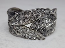 Vintage Style Silver Tone Leaf Clamper Bracelet Rhinestone Cuff Boho