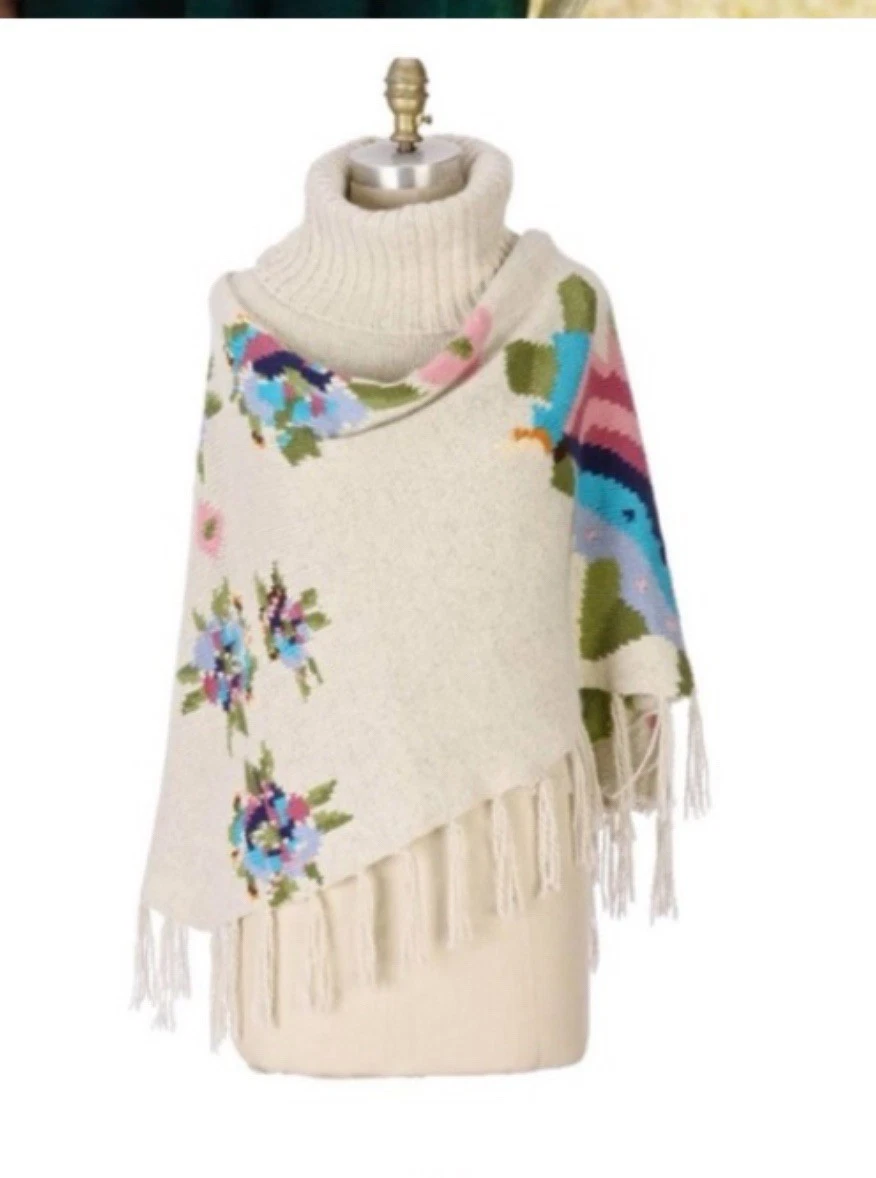 Anthropologie Sleeping on Snow Wool Angora Fringe Floral Poncho Wrap TurtleneckM
