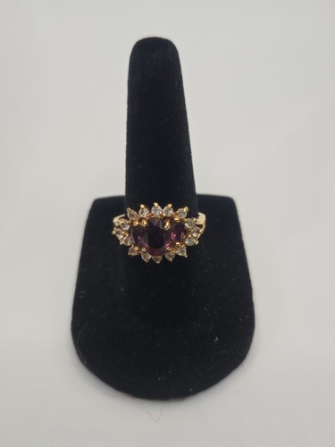 Vintage Gold Tone Ring with Deep Purple Glass Stone & Clear Rhinestone Halo –...
