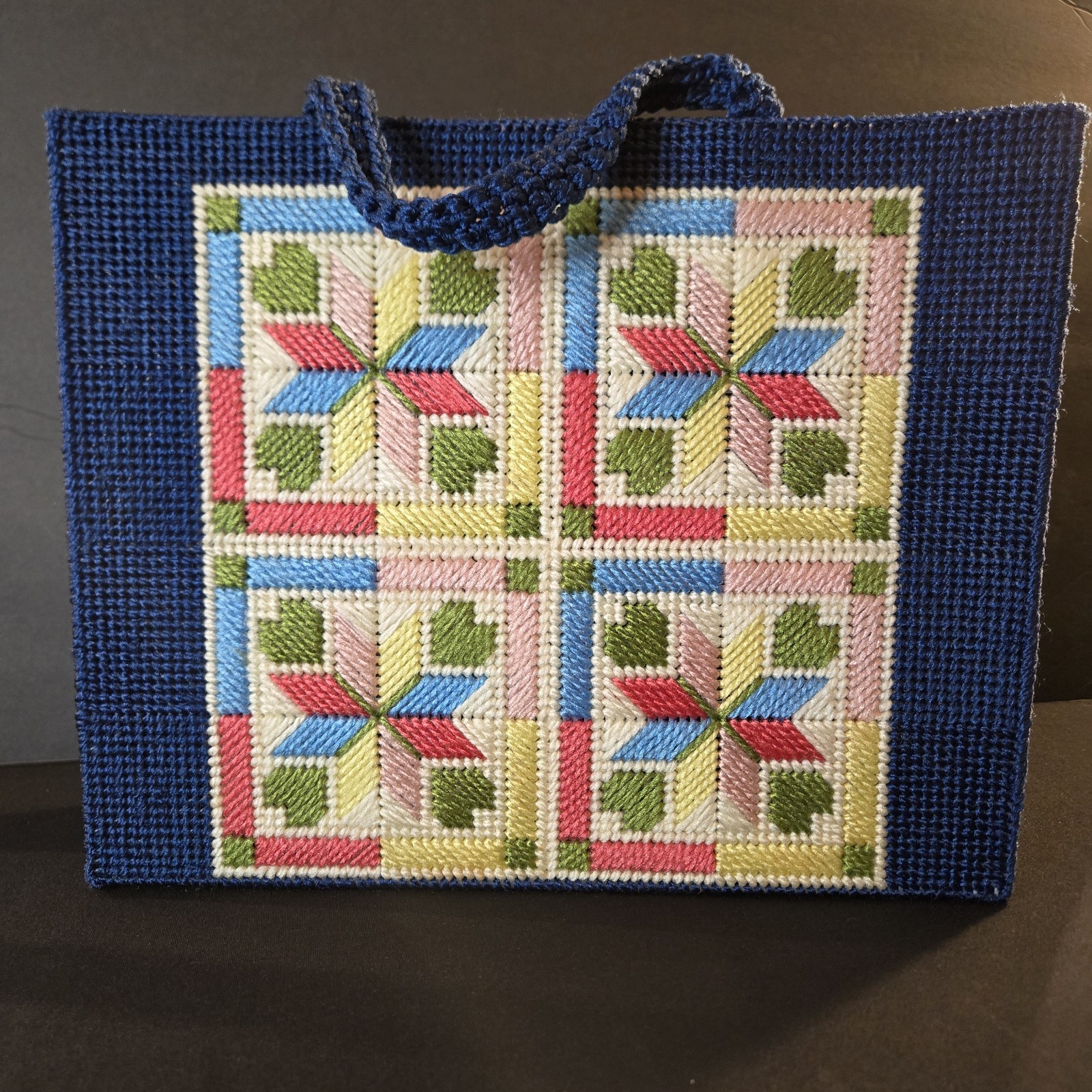 Vintage Needlepoint Patchwork Blue Tote Grannycor… - image 1