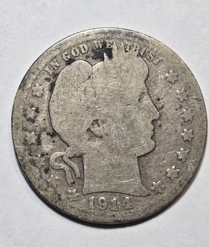 1914 Barber Silver Quarter, About Good AG Details - Exact Coin Shown