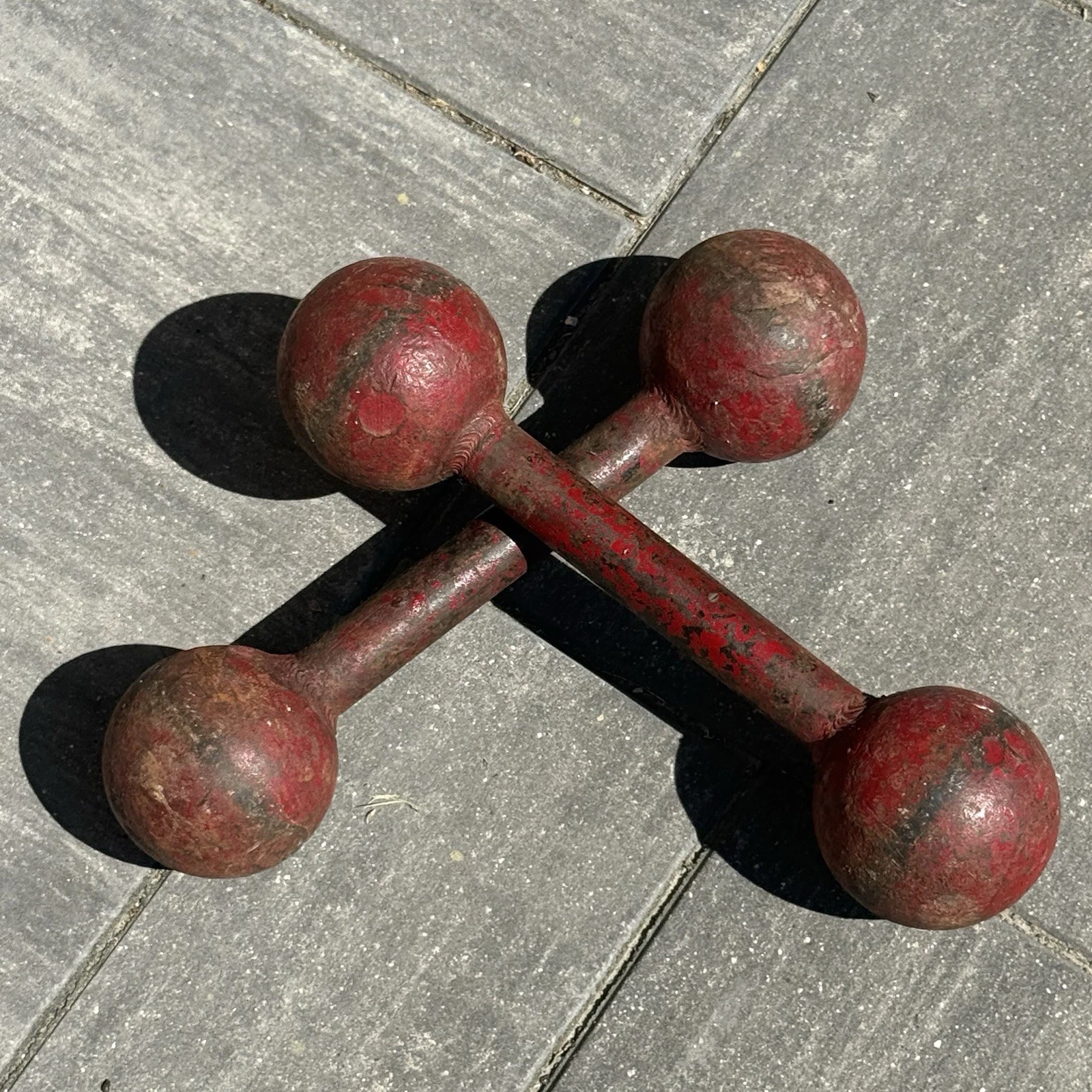 Antique Vintage globe dumbbells 20lb Circus Strong Man style old red paint