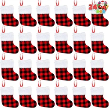 24PCS 5” Mini Plaid Christmas Stockings Red Black Tree Ornaments Party Favors