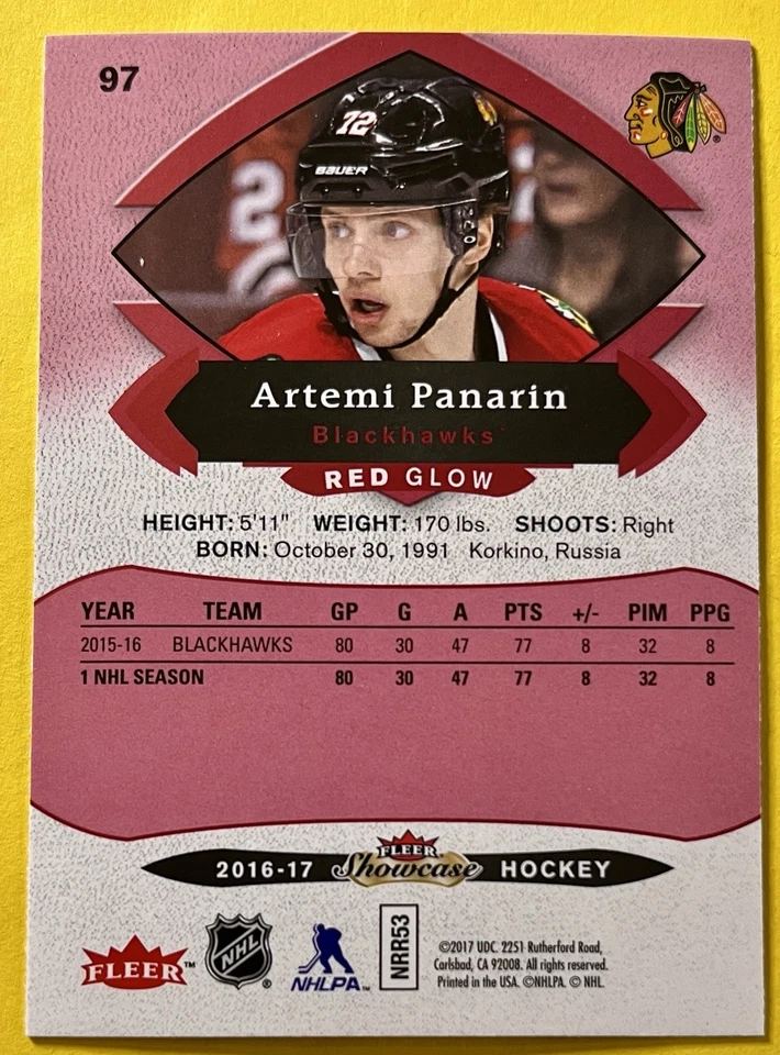 Artemi Panarin 2016-17 Fleer Showcase RED GLOW PARALLEL Card #97 BLACKHAWKS - Image 4 of 4