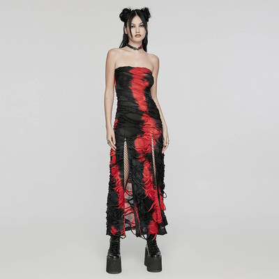 Punk Rave WQ-726LQF Gothic Strapless Long Dress Ruched black-red Mesh Design