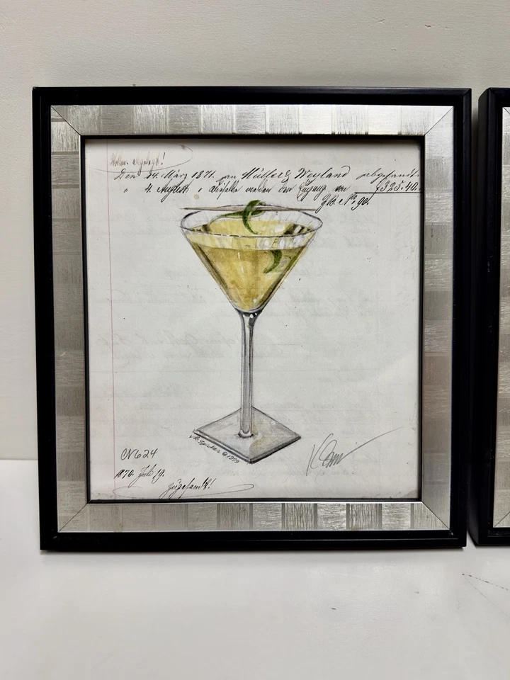 Par (2) de bocetos de cóctel originales VR Sinclair en papel antiguo 9x10 Foto 3 de 4
