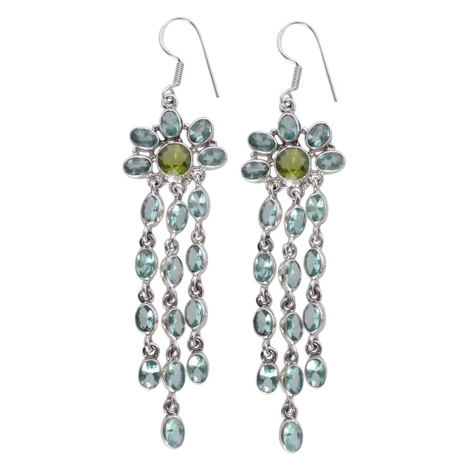 Natural Peridot Gemstone 925 Sterling Silver Chandelier Dangle Earrings Jewelry - Image 2 of 4