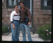 1977 Original Slide Young 70s Couple Motorcycle Helmet Front Of House #8049