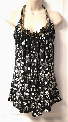 SDII womens chain halter embellished white floral black blouse size M