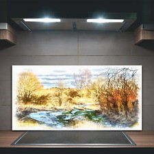 K&uuml;chenr&uuml;ckwand Spritzschutz Glas 100x50 Bild Waldlandschaft Malerei See B&auml;ume