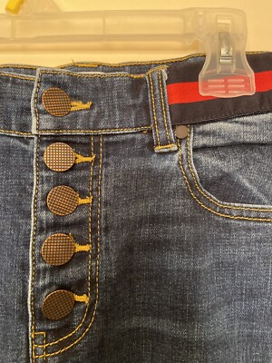 Cabi Button Fly Skinny Jeans Dark Wash Stretch Navy Red Waistband