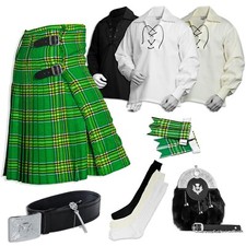 Irish Green Tartan Kilt Set 08 Pieces Kilt Accessories for Men, Scottish Outfit
