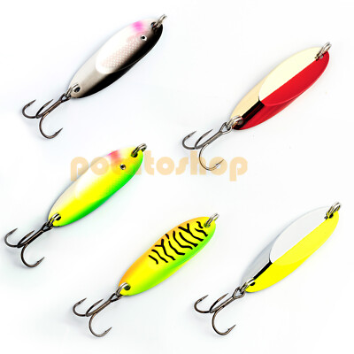 5pcs Ice Fishing Metal Spoons Lures Long Casting Mustad Treble Hooks Bass