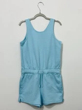 Athleta Girl Havin A Great Time Romper L 12 Cotton Blue Drawstring Pockets NWOT