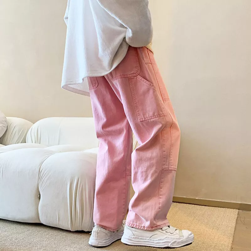 Mens Pink Denim Pants Loose Straight Leg Jeans Trousers Casual Hip Hop