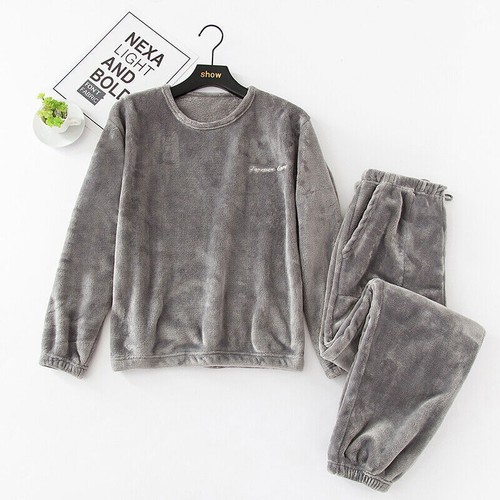Herren Nachtwäsche Pyjama Set Flanell Koralle Fleece Pullover Oberteil Langarm Warm Anzug - Bild 16 von 22