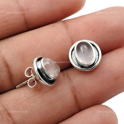 Women Gift Natural Rose Quartz 925 Silver Stud Earrings Women Jewelry