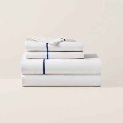 Ralph Lauren Palmer Percale Queen Flat Sheet White Harbor Blue $175