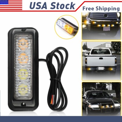 Amber/White 4LED Truck Car Emergency Beacon Warning Hazard Flash Strobe Light T